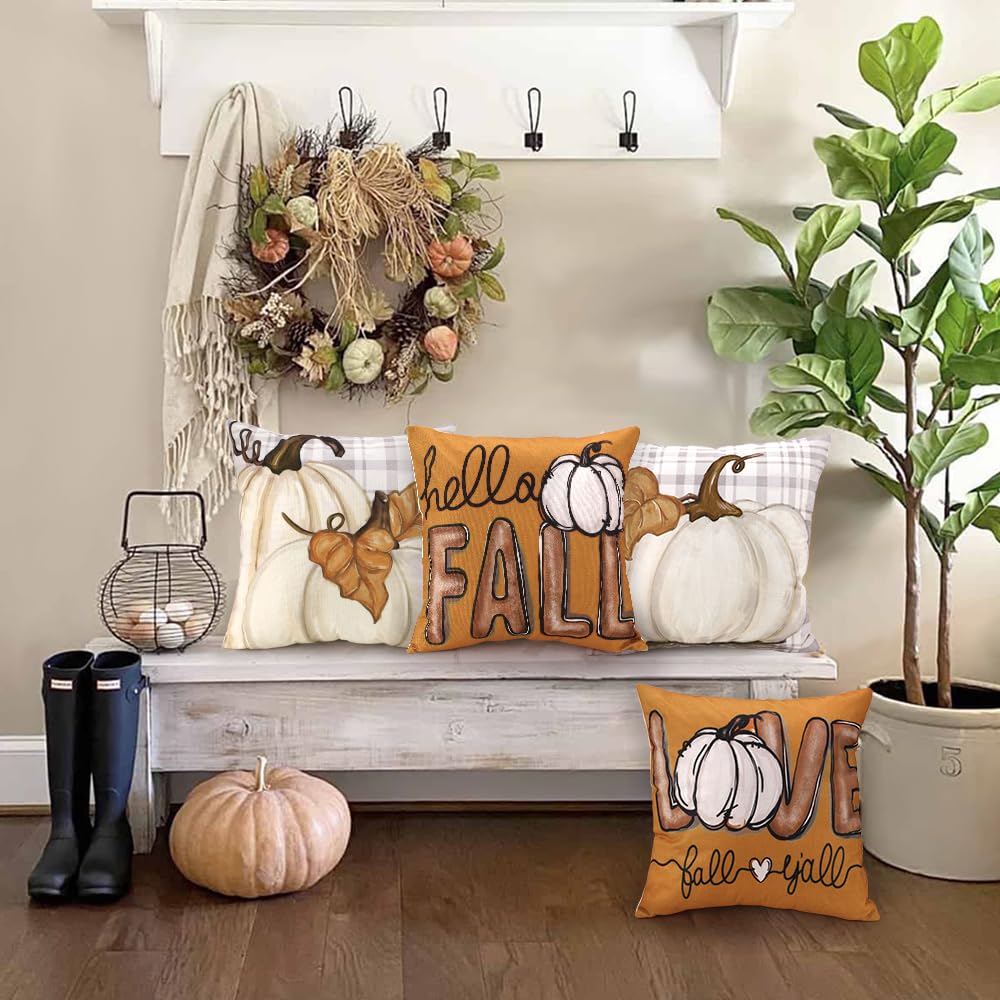 Heirloom Haven Fall Pumpkin Throw Pillow Covers 18x18 Set of 4, Maple Leaves Love Autumn Thanksgiving Harvest Decorative Pillows Outdoor Farmhouse Seasonal Cushion Case for Home Sofa Couch Decor