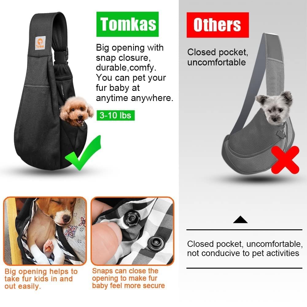 Tomkas Small Dog Sling Carrier - Adjustable Strap & Zip Pocket - Suitable for Puppies (Black)