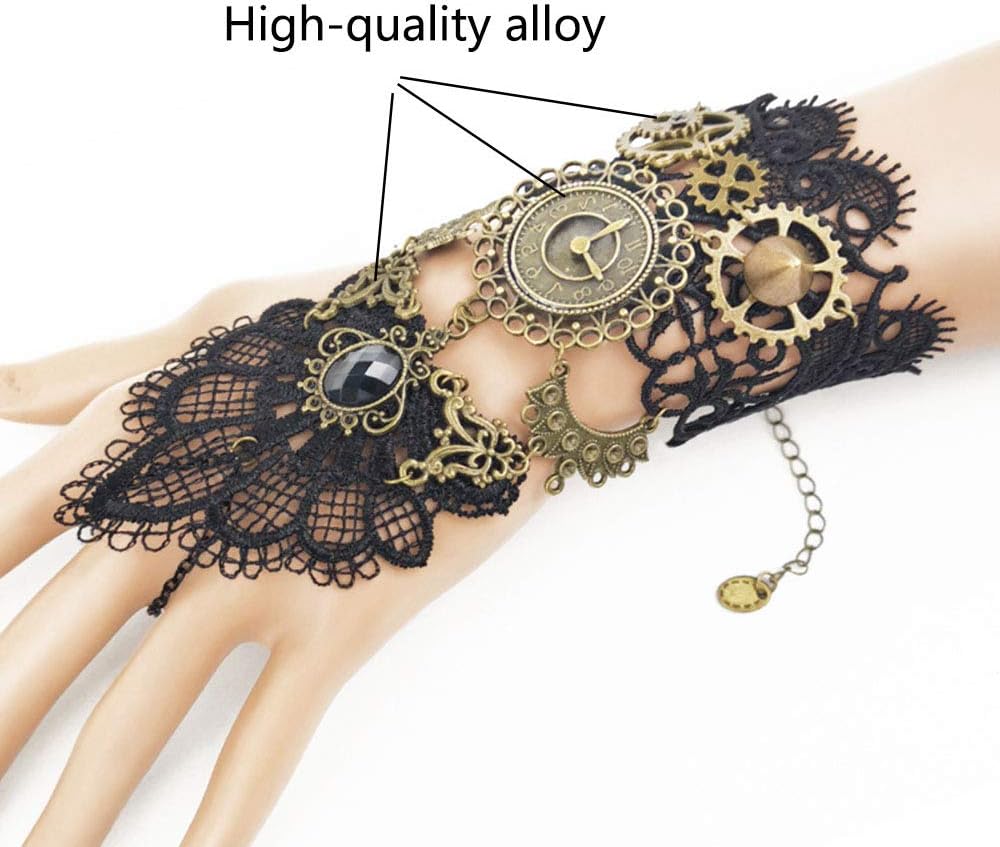 Juland Fingerless Gloves Gothic Floral Lace Steampunk Wristband Clock Vintage Gear Gloves Bridal Bracelet Rhinestone Ring Set - 1 Pair -S392