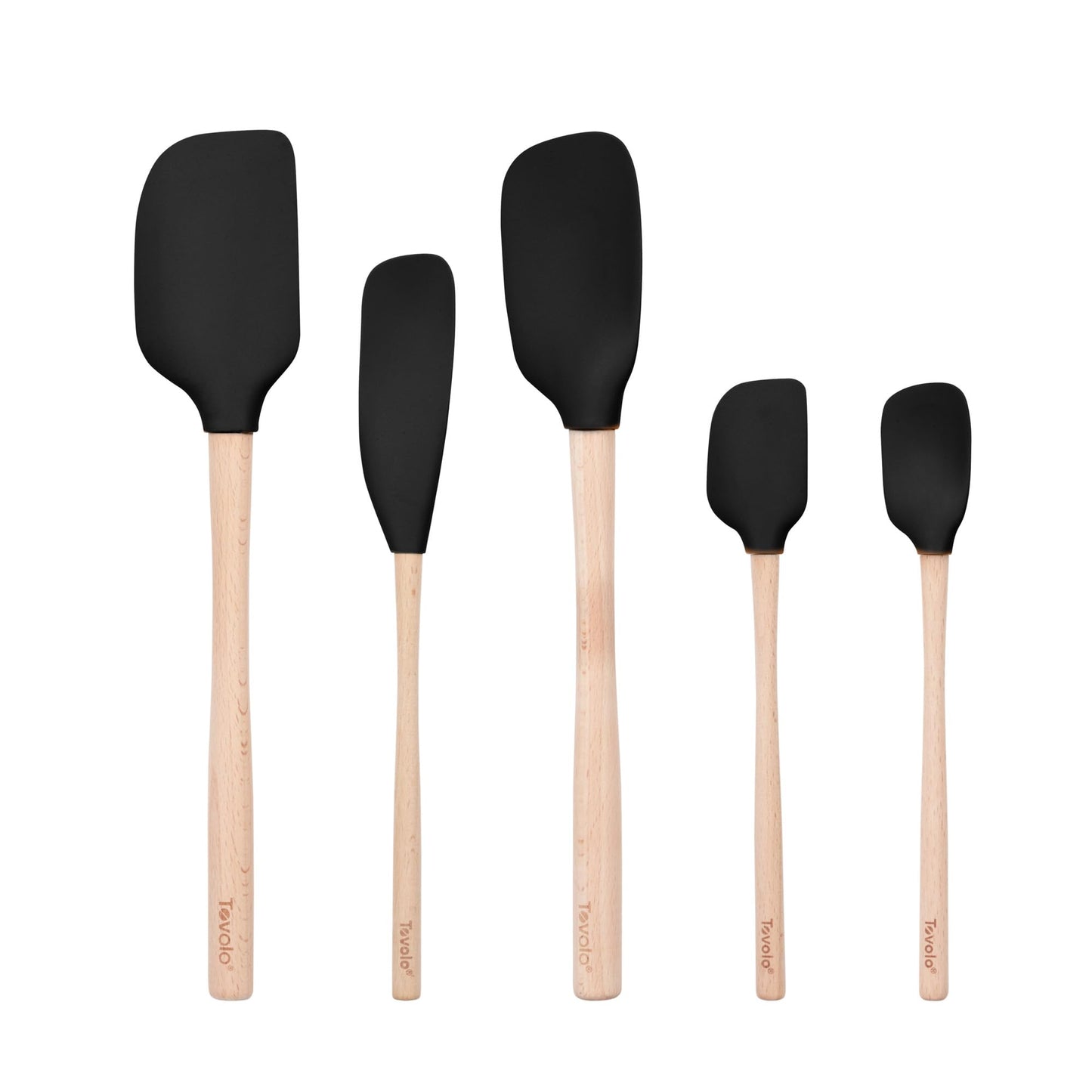 Tovolo 5-Piece Silicone and Wooden Handle Utensil Set (Black): Spatula, Spoonula, Jar Scraper, Mini Spatula, and Mini Spoonula