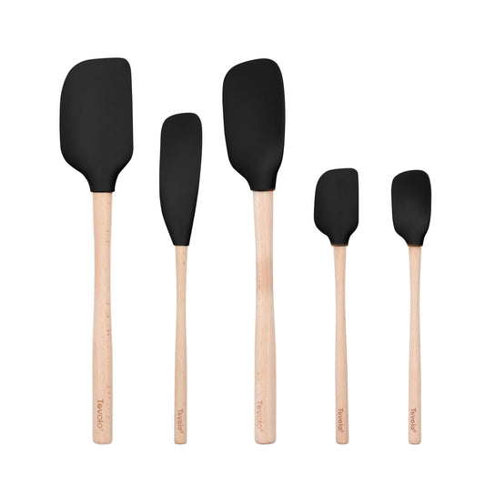 Tovolo 5-Piece Silicone and Wooden Handle Utensil Set (Black): Spatula, Spoonula, Jar Scraper, Mini Spatula, and Mini Spoonula