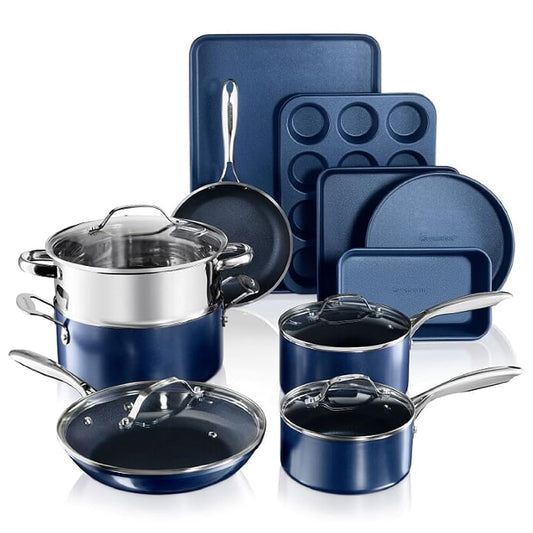 Granitestone 15 Pc Kitchen Pots and Pans Set Non Stick, Kitchen Cookware Sets, Pot and Pan Set, Nonstick Cookware Set, Diamond Coated Non Stick Pots and Pan Set, Dishwasher Safe - Blue