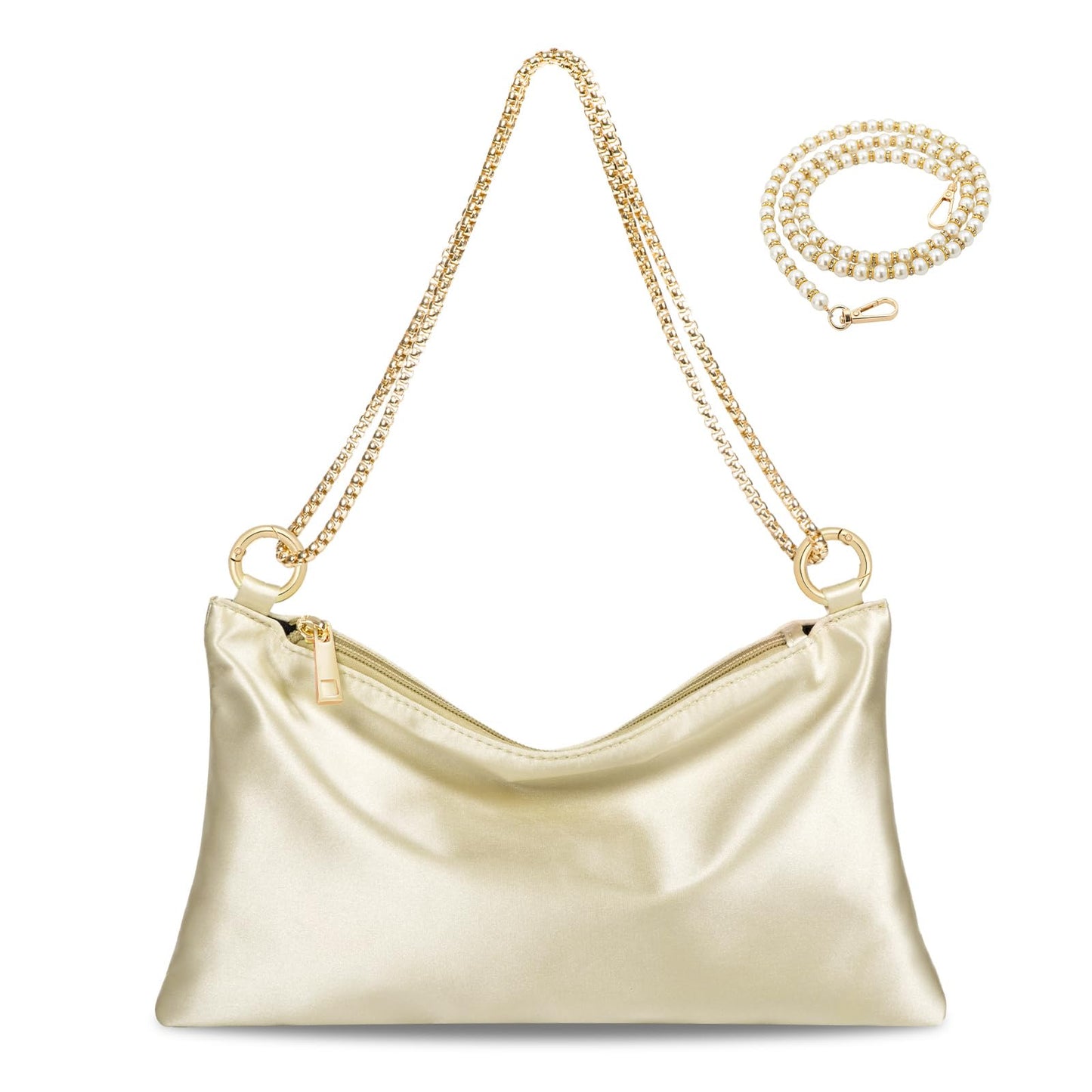 MGBPEI Women Satin Evening Handbag Wedding Prom Clutch Purse Formal Cocktail Party Clutches Shoulder Bag with 2 Bag Chains(Champagne)