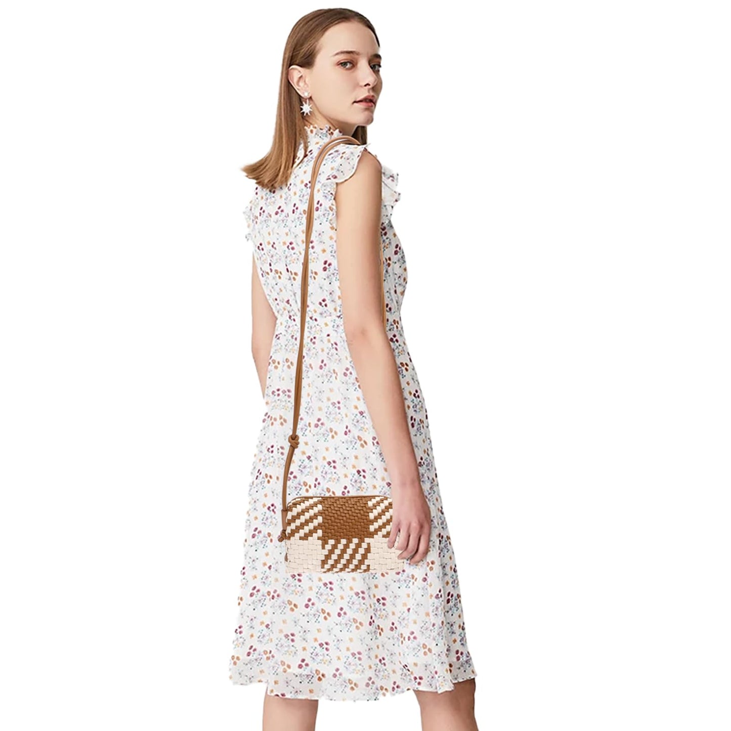 Crossbody Bag for Women Trendy Woven Purse Vegan Leather Small Shoulder Handbags with Strap (Brown and White)