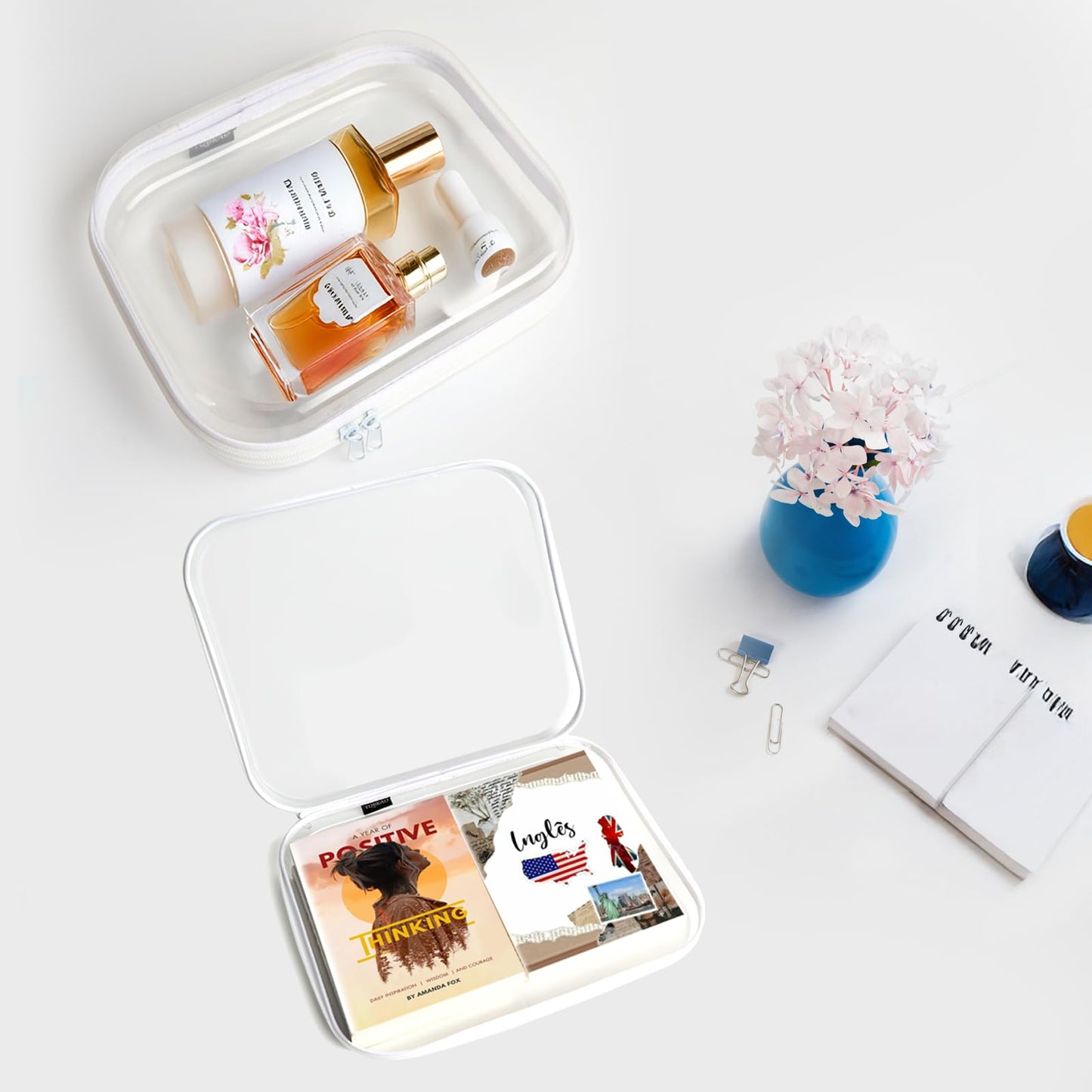 YQBRAO Hard Sided Clear Zipper Case for Storage- Professional-Grade Plastic Clear Zipper Pencil Case,Toy Storage Bins, Toiletry Pouch, Travel Organizer, Cosmetic Bag（White,2 Pack, L）