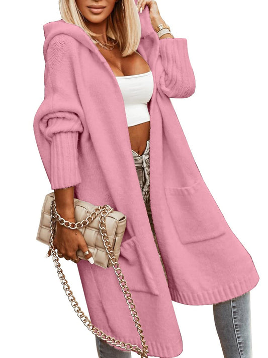 Aoysky Womens Long Cardigans Cable Knitted Open Front Oversized Hooded Outerwear Sweater Coat Pink