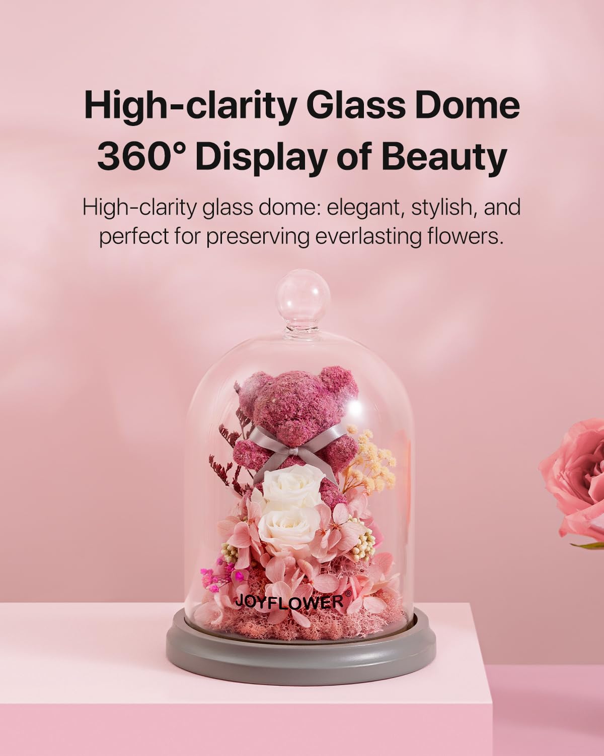 JoyFlower Preserved Flowers in Glass Gifts for Women, Pink Eternal Rose Bear Gift, Preserved Rose Forever Flowers in Glass Dome for Mom Wife Girlfriend on Birthday Anniversary Mother's Valentine's Day