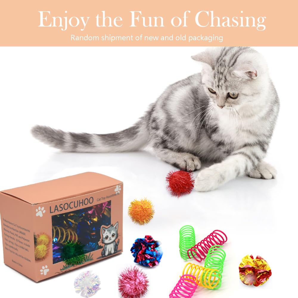 LASOCUHOO Cat Toys, 30 Packs Interactive Cat Toy Pack Including Cat Crinkle Balls, Cat Sparkle Balls, Spiral Springs for Most Cats