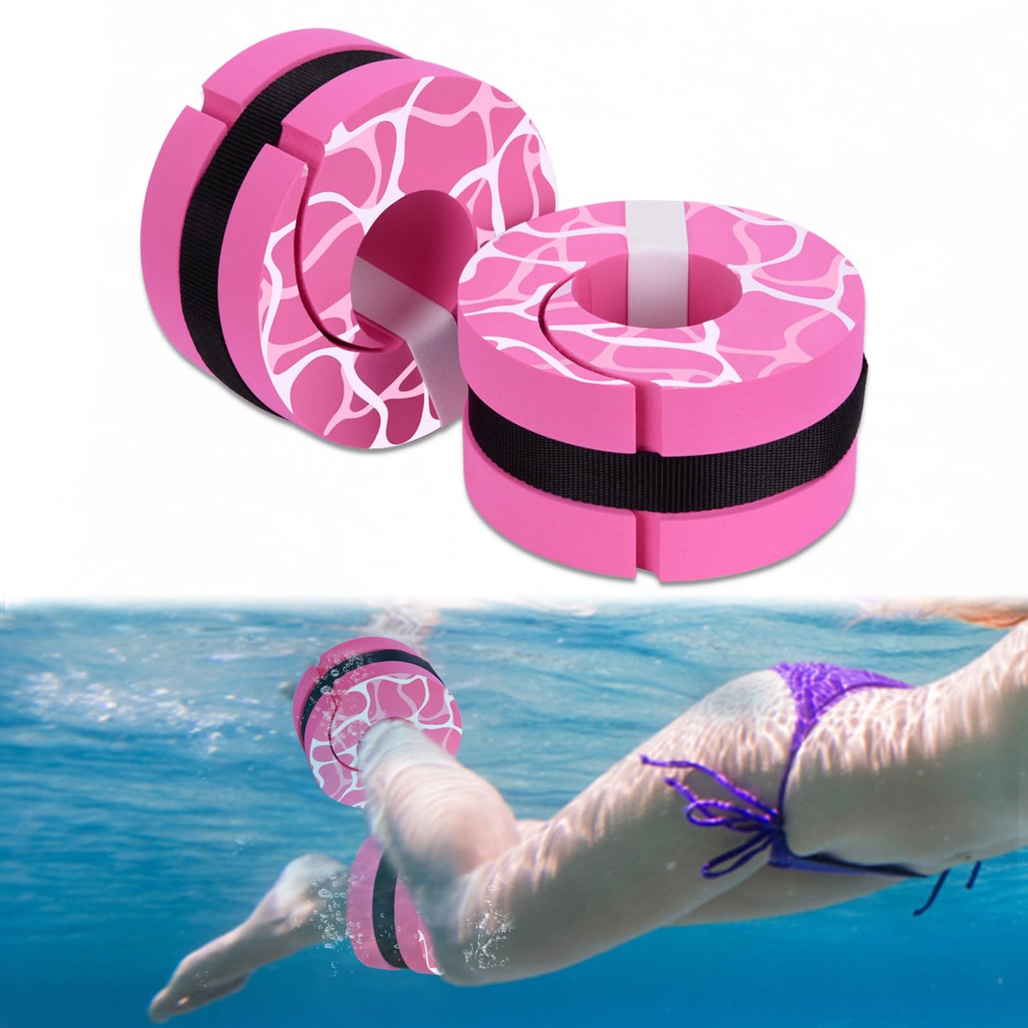Hikeen Swim Aquatic Cuffs,High-Density EVA Water Aerobics Float Ring Fitness Pool Exercise Weights Set, Water Ankles Arms Belts with Adjustable Float for Swim Fitness Training (Pink)