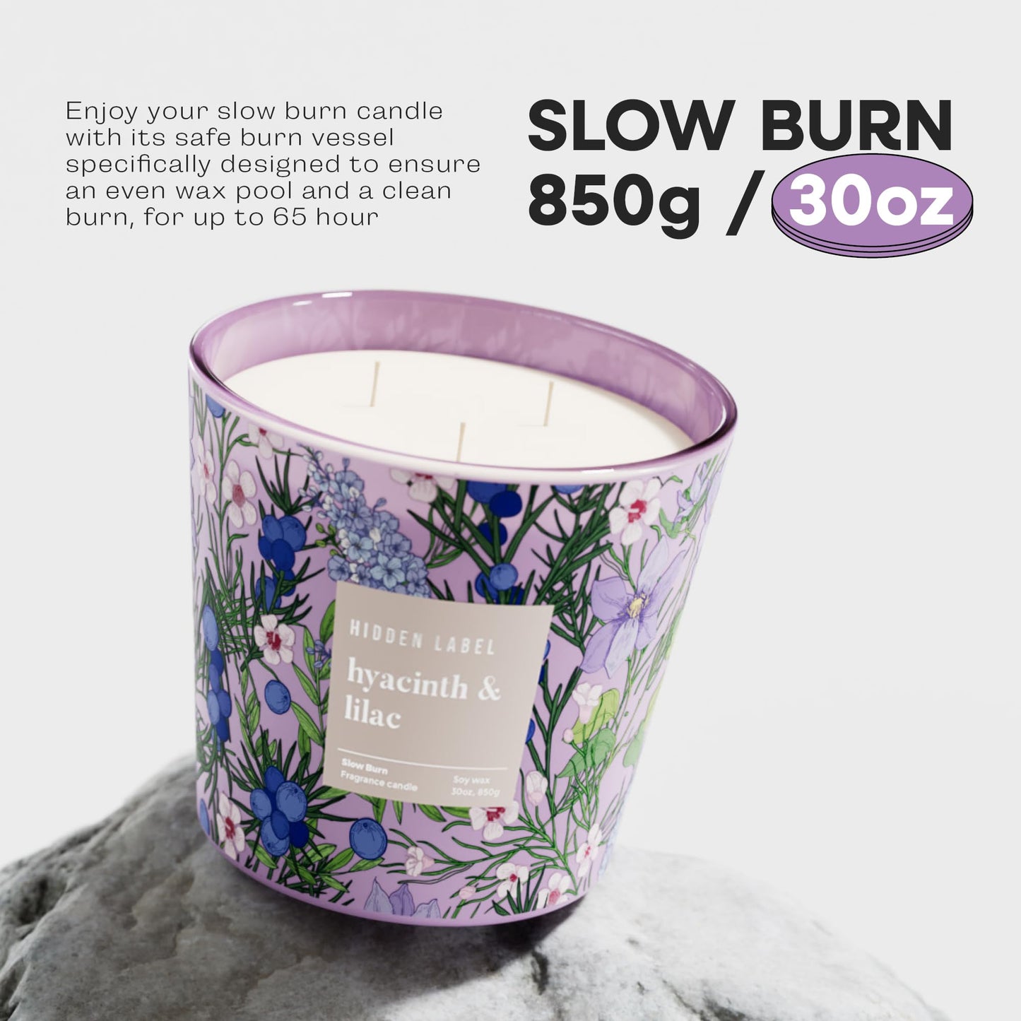 Hidden Label Hyacinth & Lilac Soy Candle, 3 Wick Large Candles for Home Scented, 30oz Natural Soy Candles Non Toxic, 100 Hour Burn Time, Aromatherapy Candle for Stress Relief, SPA, Larger Rooms