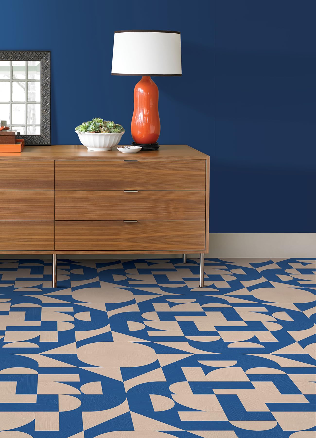 FloorPops x Very Gay Paint Gia Metric Coral and Blue Peel and Stick Floor Tiles, FP6335