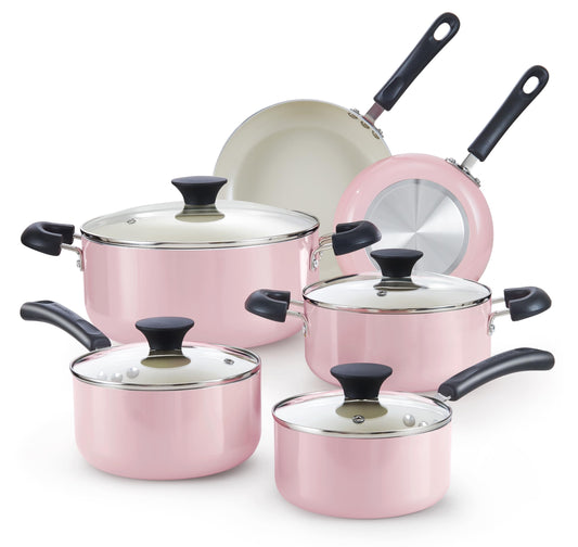 Cook N Home Pots and Pans Set Nonstick, 10-Piece Ceramic Kitchen Cookware Sets, Nonstick Cooking Set with Saucepans, Frying Pans, Dutch Oven Pot with Lids, Pink