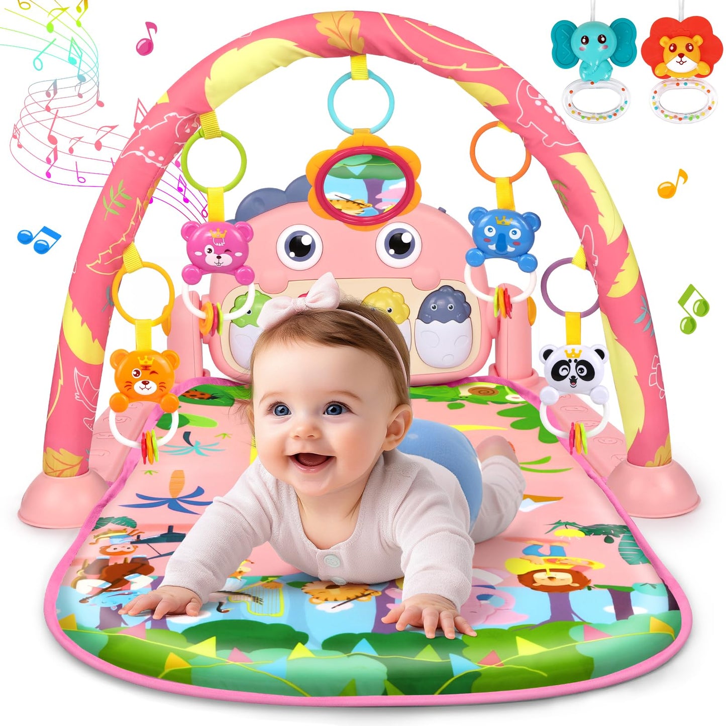 UMIKU Baby Gym Play Mats Baby Toys Tummy Time Mat Musical Activity Center for Newborn Infant Piano Babies Play Mat Music & Light Newborn Infant Gifts for Babies 0-3 6 9 12 Months Dinosaur Style