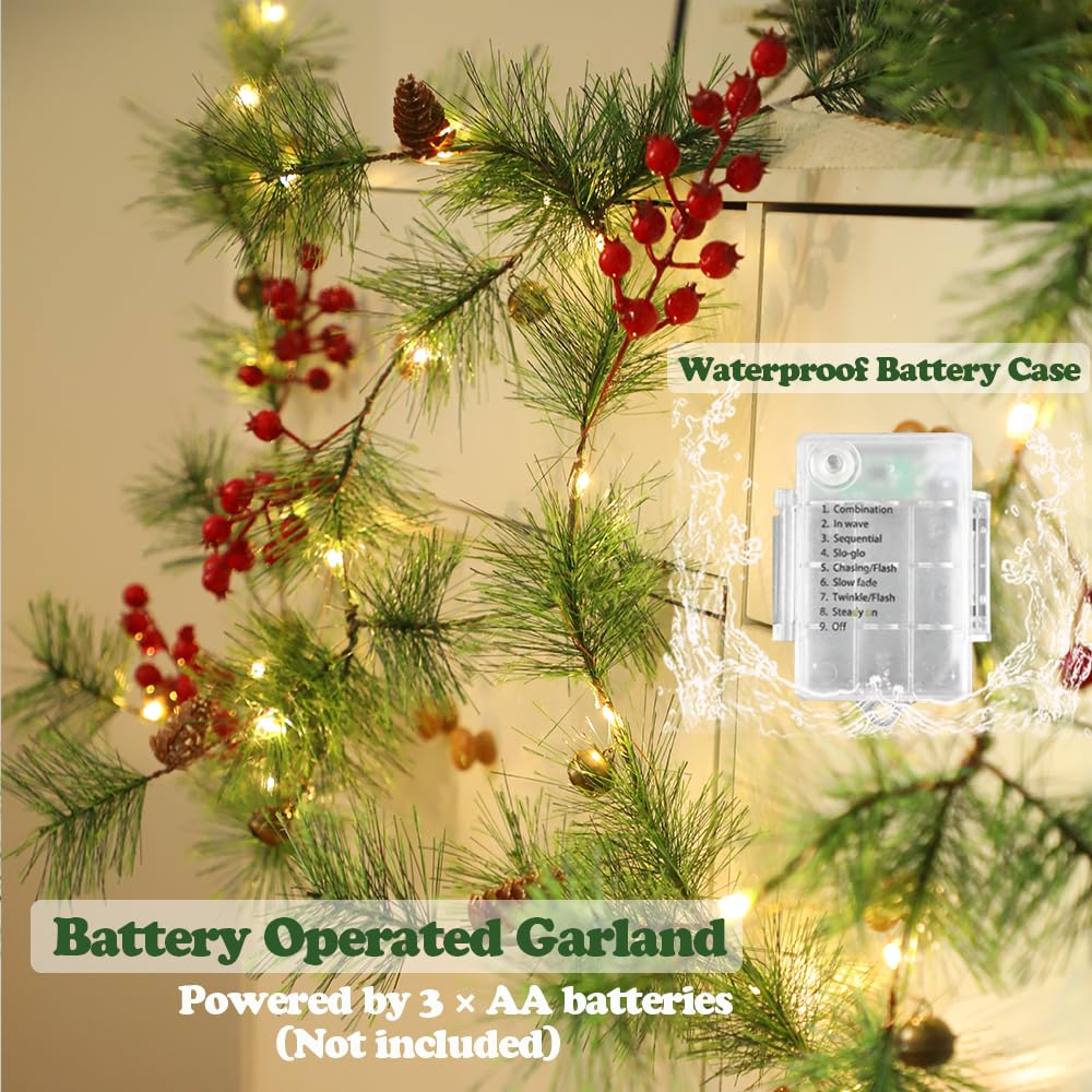 HamiFinee Christmas Garland with LED Fairy Lights Battery Operated Smokey Pine Garlands with 8 Flash Modes and Timer Red Berries Bells Pine Cones Green Garland Rustic Garlands for Xmas Holiday Home