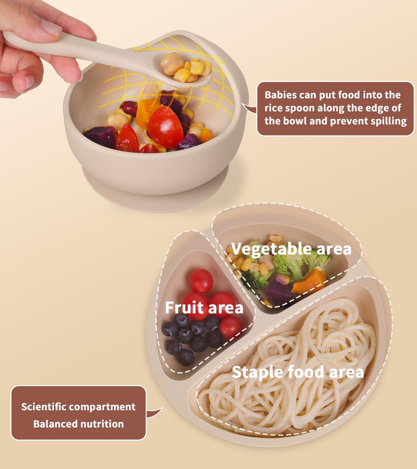 ECLIP Silicone Baby Feeding Set, 10 Pcs Baby Eating Essentials with Suction Bowl Divided Plate Adjustable Bib Soft Spoon Fork Snack Cup with Lid Drinking Cup, Utensil (Beige)