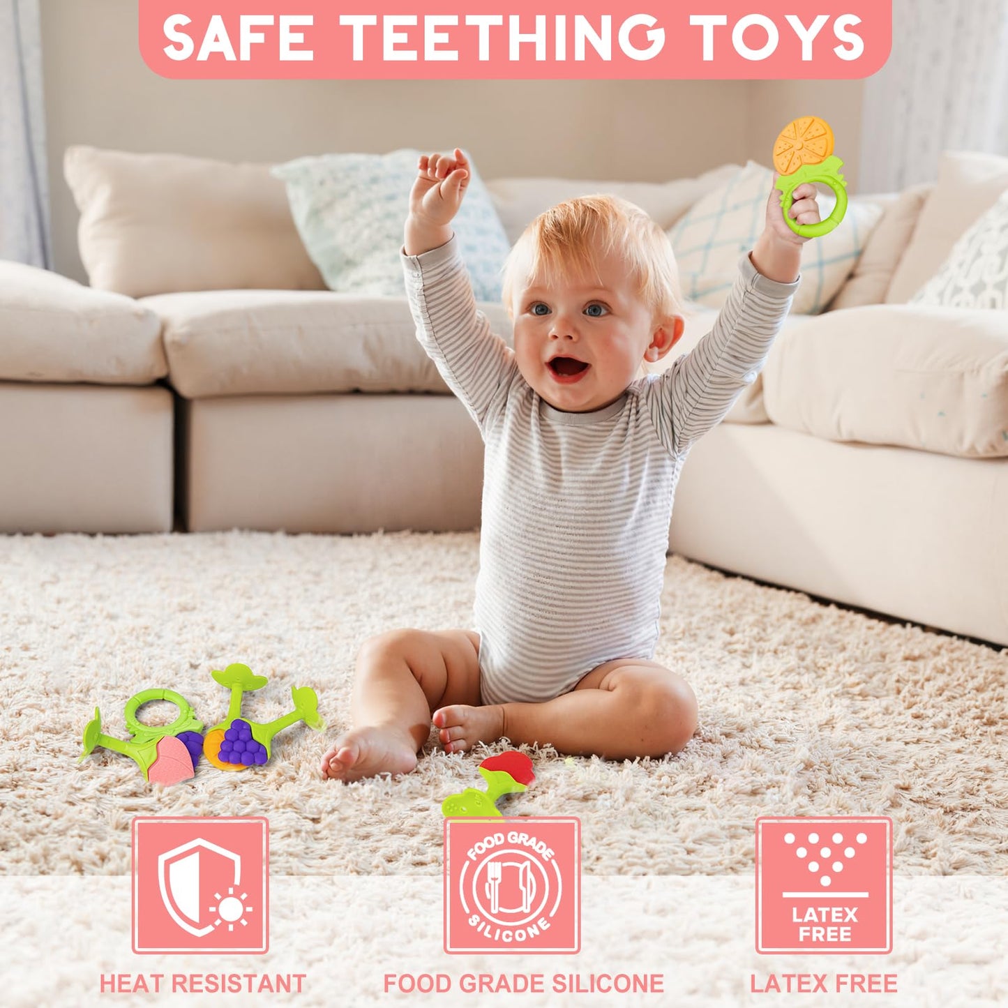 6 Pack Baby Teething Toys for Newborn Infant, BPA Free Freezer Safe Silicone Fruit Baby Teethers Soothe Babies Gums Set for Babies 0-6 Months 6-12 Months