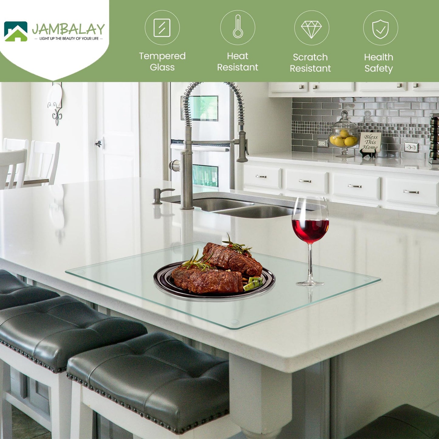 JAMBALAY Tempered Glass Cutting Boards for Kitchen, 16"x12" Clear Glass Cutting Board Set, 2Pcs Chopping Board with Rubber Non Slip Feet, Heat Resistant, Shatter Resistant, Dishwasher Safe