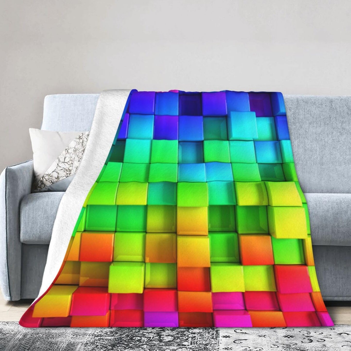 Gbuzozie Rainbow Colorful Boxes Pattern Fleece Blanket Lightweight Ultra-Soft Throw Blanket for Sofa Couch Bed Camping Travel - Super Soft Cozy Microfiber Blanket 50"X40"