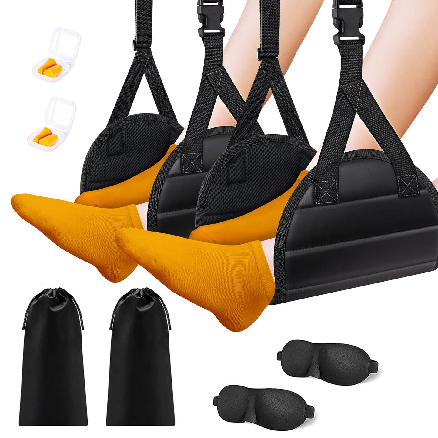 Foot Hammock Airplane Foot Rest for Train, Length Adjustable Travel Essentials with Eye Mask and Earplugs, Desk Foot Rest, Flight Essentials Airplane Foot Hammock (1 Set)