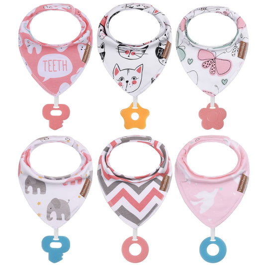 Baby Bandana Drool Bibs 6-Pack and Teething Toys 6-Pack Made with 100% Organic Cotton, Absorbent and Soft Unisex