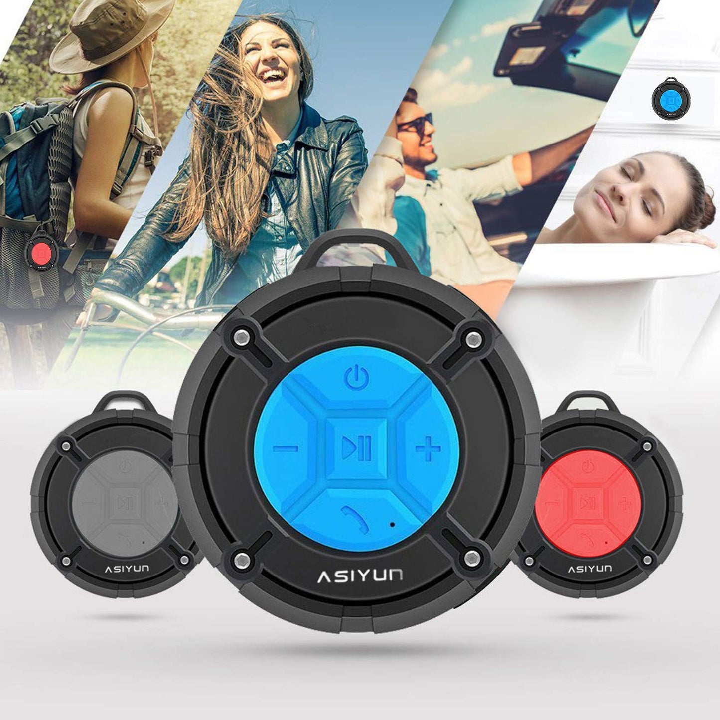 ASIYUN Shower Speaker, IPX7 Waterproof Bluetooth Speaker with HD Bass, Suction Cup & Durable Hook, Built-in Mic for Hands-Free Calls, Pool, Beach, Outdoor(Red)