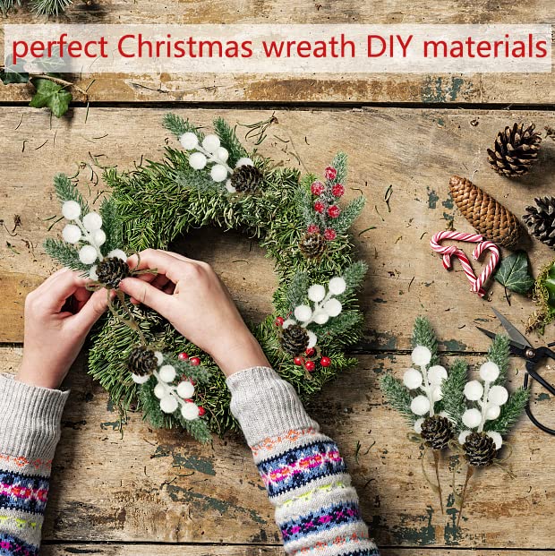 White Berry Stems Floral Pine Cones 10PCS Christmas Artificial Pine Branches Evergreen Berries Branch White Holly Spray Wreath Picks for DIY Craft Christmas Winter Décor