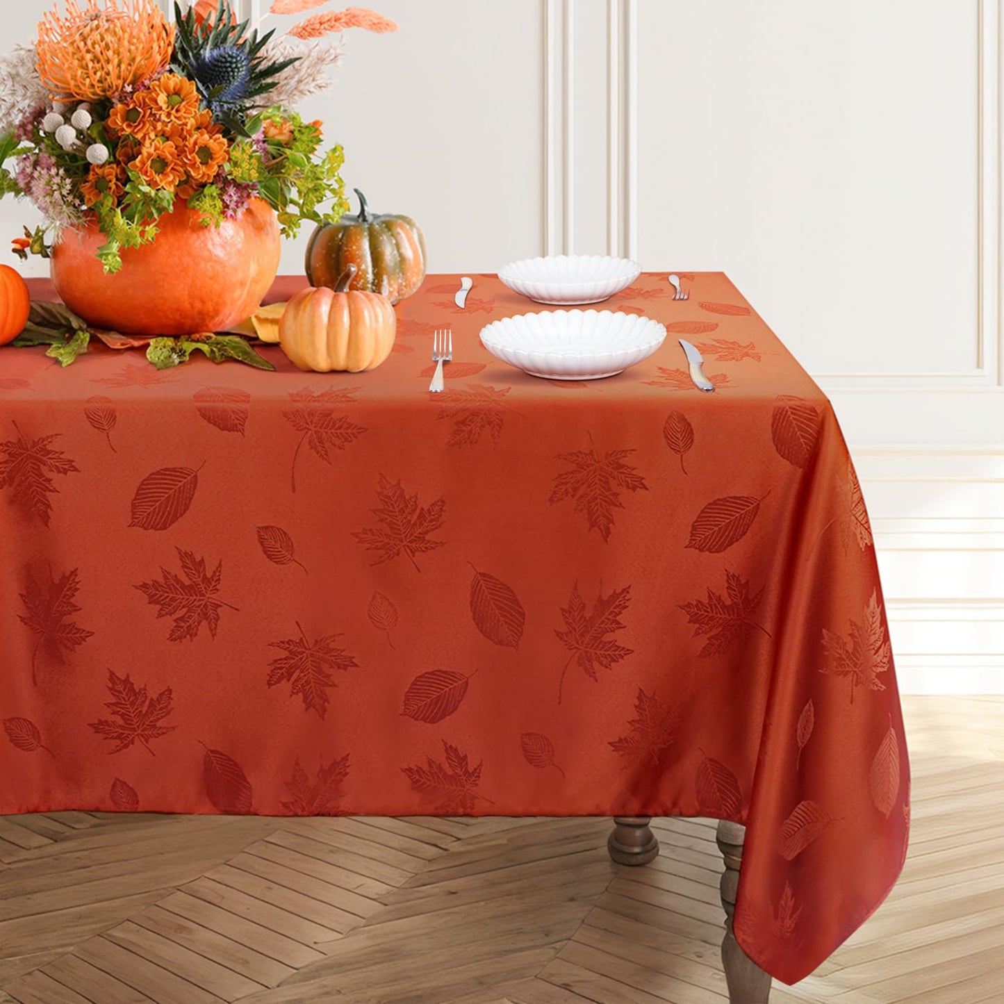 Babenest Fall Tablecloth Rectangle 60x104 Inch, Autumn Maple Leaves Jacquard Wrinkle Resistant Table Cloth, Polyester Fabric Table Cover for Thanksgiving Harvest Party Dining Wedding (Burnt Orange)