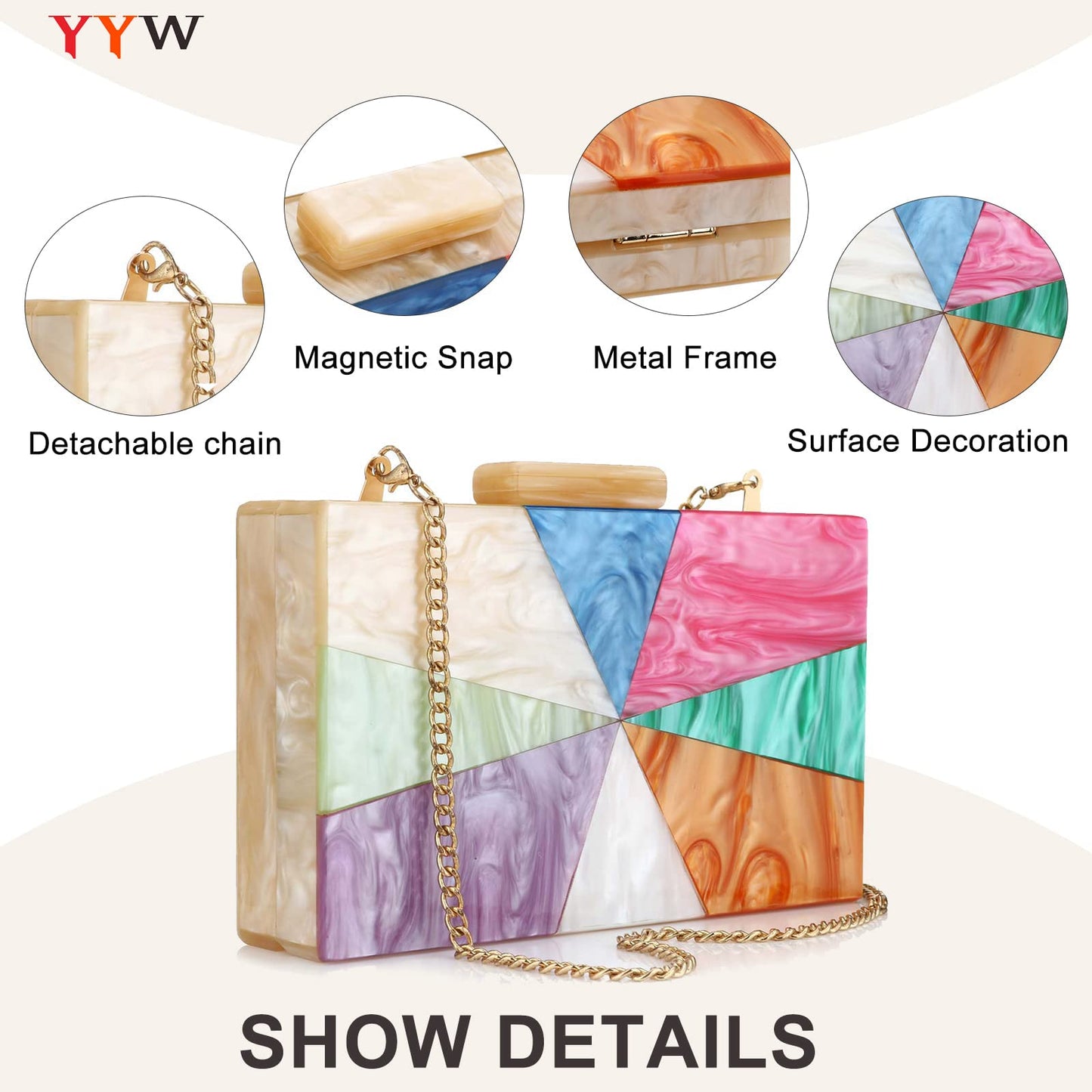 YYW Acrylic Clutch Purses for Women Formal Multicolor Marble Evening Bag Box Handbag (Champagne)
