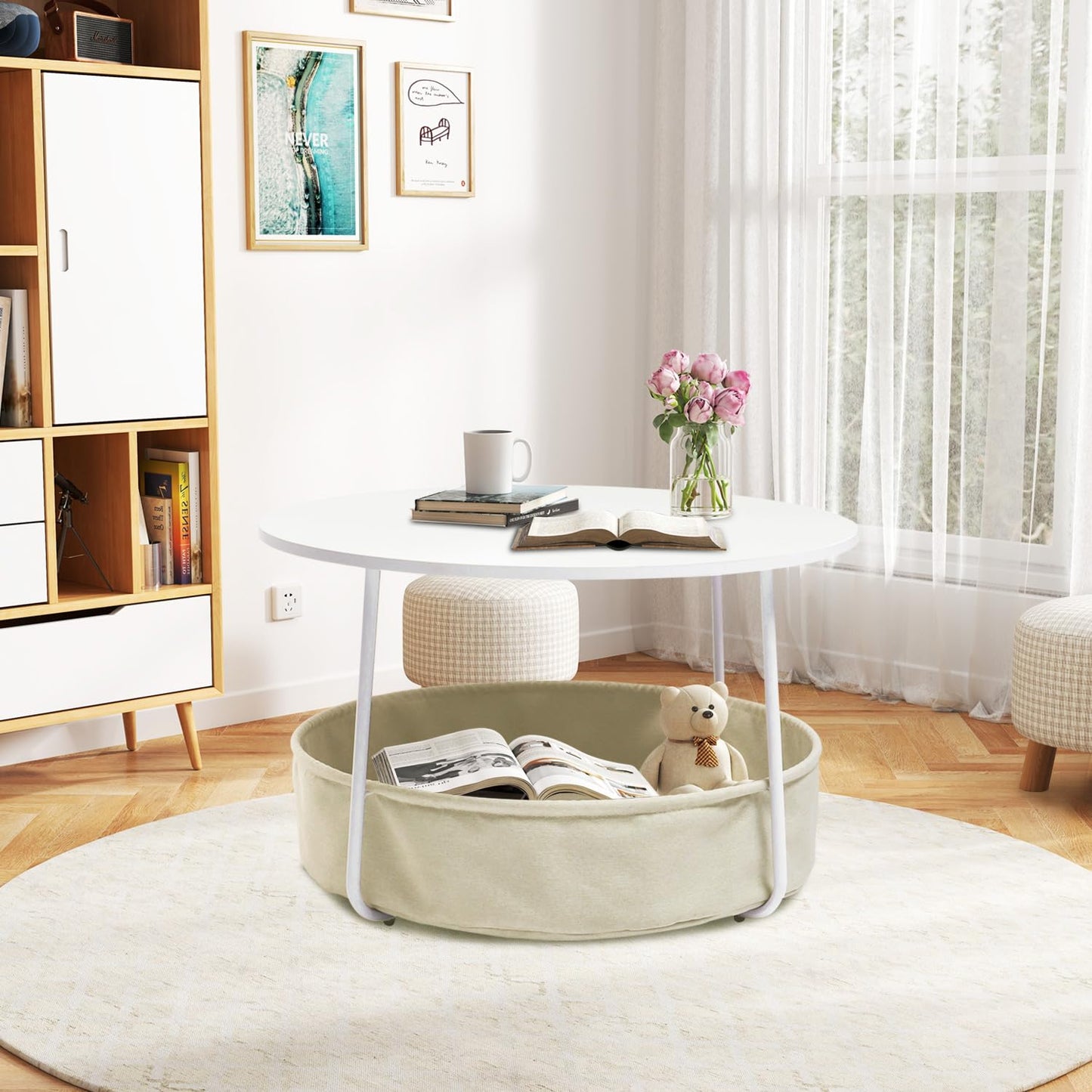 FurnitureR Coffee Table with Storage, 29.53 Inch Round Center Table 2-Tier with Fabric Basket, Sturdy Metal Frame, Modern Living Room Accent Table, White/Camel