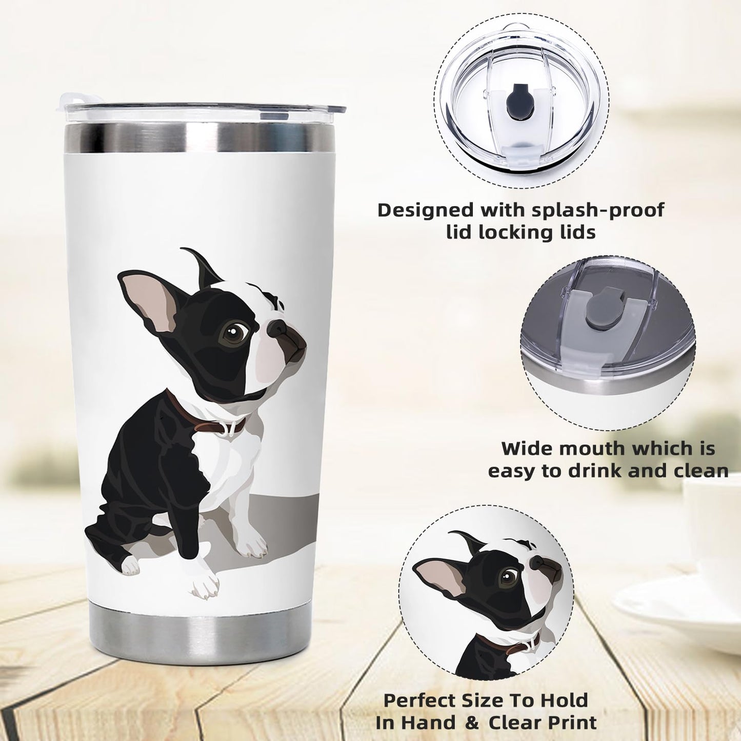 Boston Terrier Stainless Steel Tumbler with Lid 20oz Funny Bulldog Vacuum Insulated Tumbler Ideal Gifts to Dog Mom, Dad, Kids, Water Coffee Cup Travel Mug Home Office Outdoor Mug