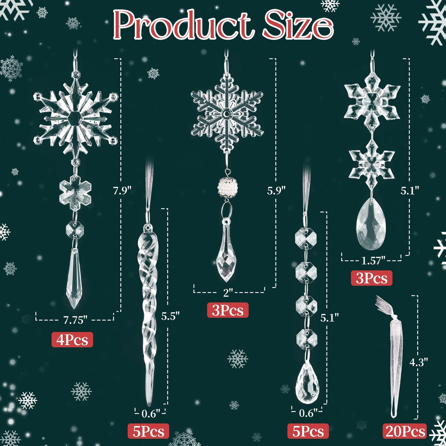 20Pcs Crystal Christmas Ornaments for Christmas Tree Decorations - Hanging Acrylic Christmas Snowflake Icicle Drop Ornaments for Xmas Tree, New Year Party, Winter Wonderland Party Supplies