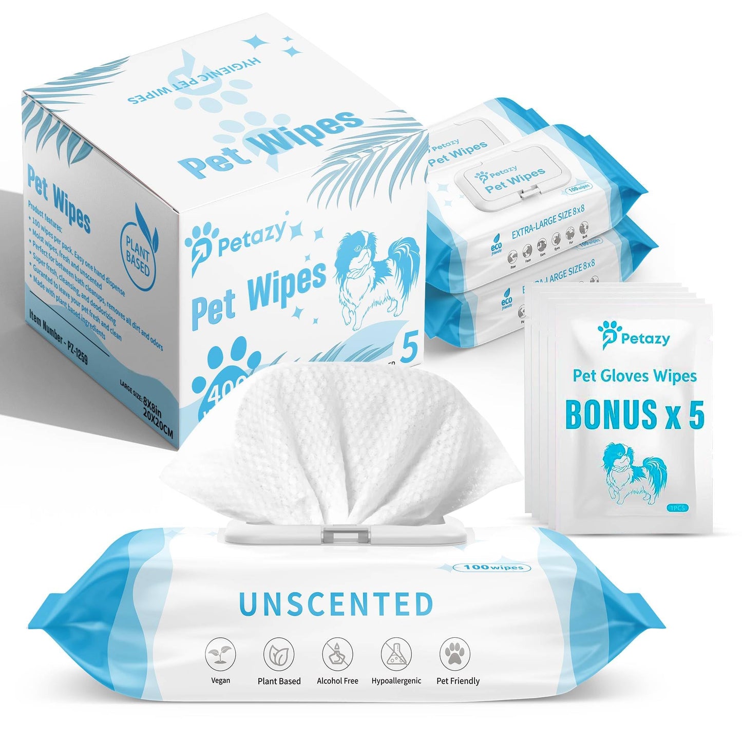 Petazy 400 Dog Wipes for Paws and Butt Ears Eyes | Organic Pet Wipes for Dogs | Unscented Dog Wipes Cleaning Deodorizing | Extra Thick Paw Wipes for Dogs Cats Pets | Bonus Glove Wipes Included