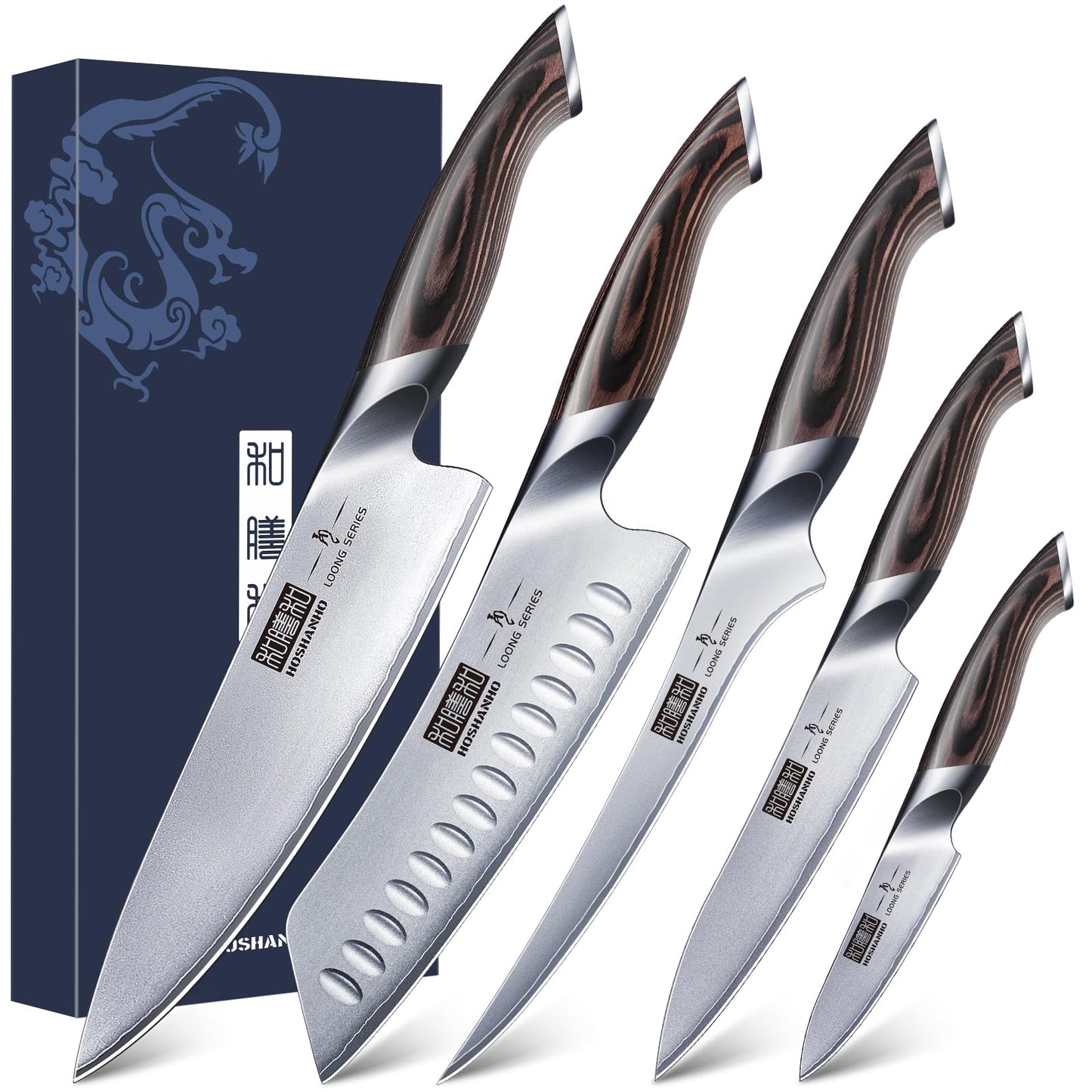 HOSHANHO 5 Pieces Knife Set, Japanese High Carbon Stainless Steel Kitchen Knife Sets, Professional Ultra Sharp Chef Knives Set with Ergonomic Pakkawood Handle