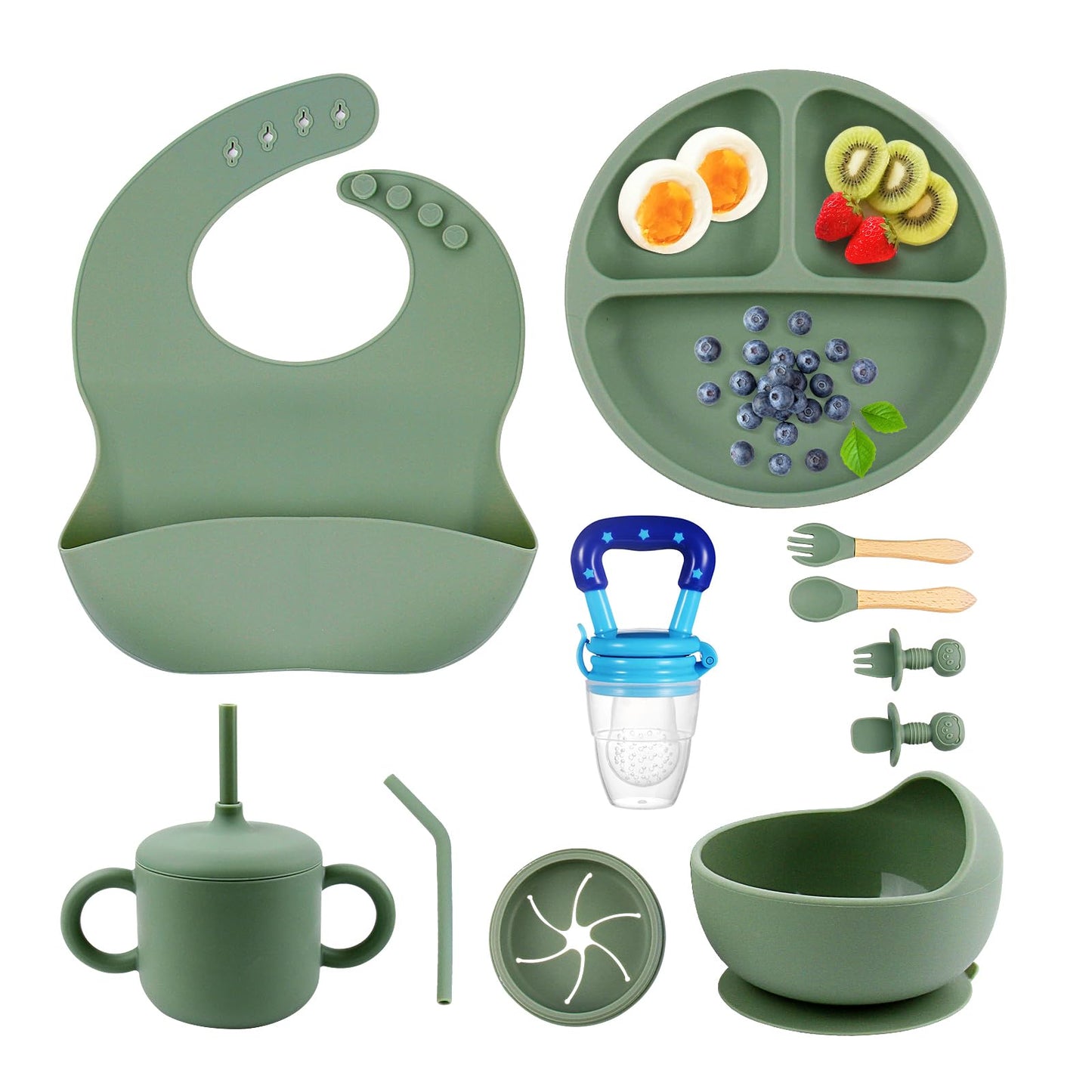 SHGMEET Silicone Baby Feeding Set, BPA Free Baby Feeding Essentials, Baby Suction Bowl, Plates, Bib, Spoons set, Baby Led Weaning Supplies to Develop Self-feeding Skills(Green, No Lid)