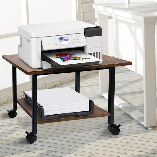 storenization Printer Stand with Storage Shelf, Small Printer Stand for Desk Office Home, Under Desk Printer Table with Rolling Wheels, Heavy Duty Mobile Machine Cart with Shelf, Rustic Brown