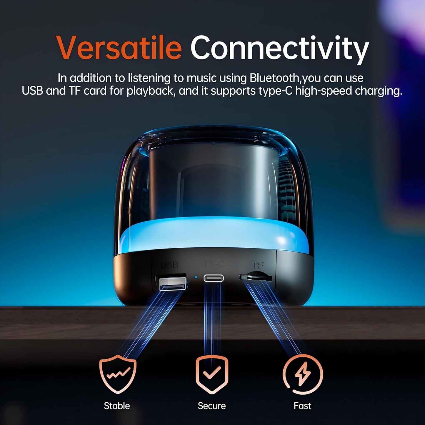 PRSCFUM Bluetooth Speaker, Mini Speaker with RGB Lights, 4H Playtime with Stereo Sound Bass, TF-Card USB, IPX7 Waterproof True Wireless Pairing for Travel, Sport, Party, Black