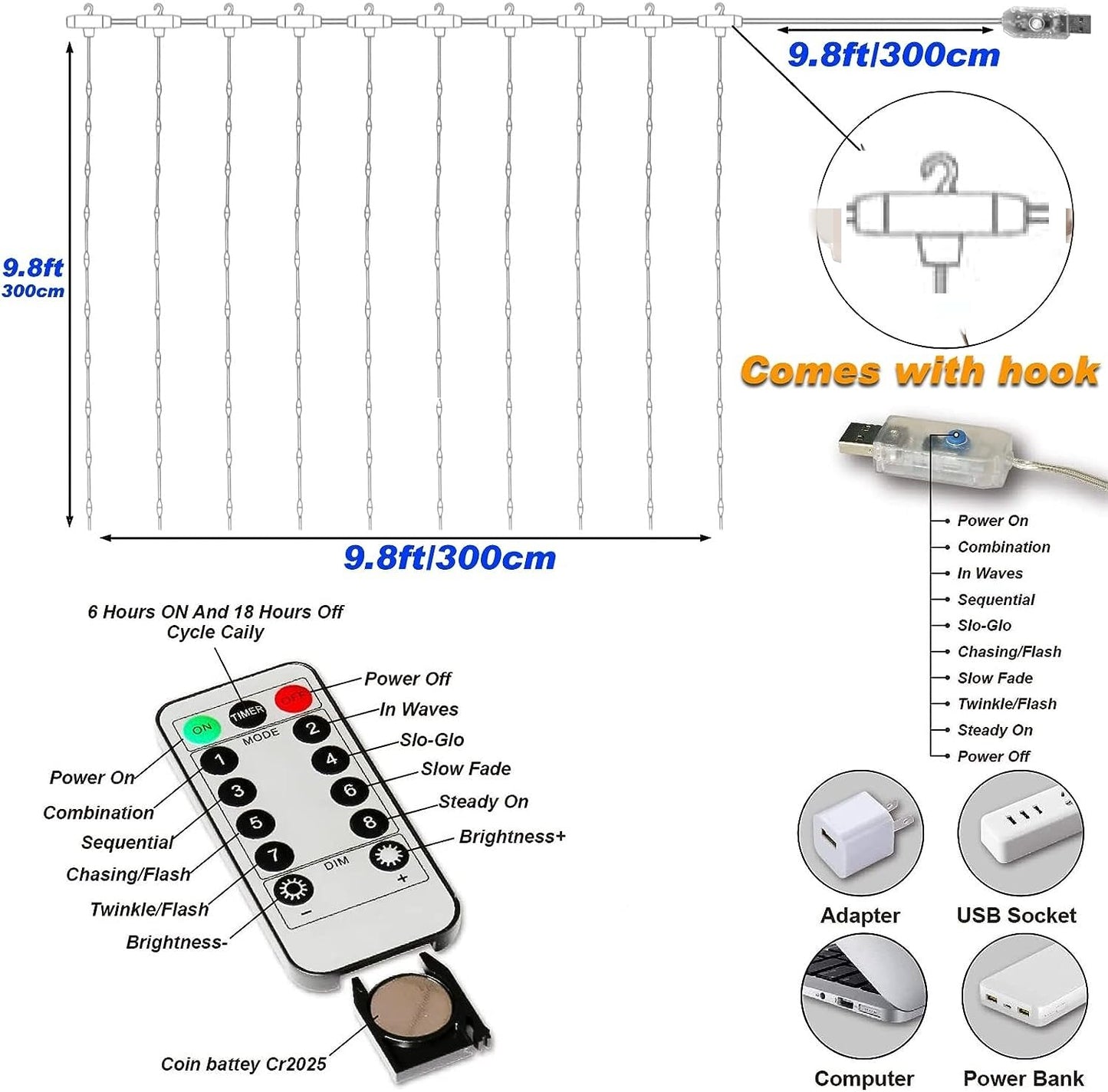 Honche 300Led Cuttable Curtain String Lights 10x10ft with Remote Window Lights for Bedroom Wedding Party Festive Season Propose Marriage (Warm White)