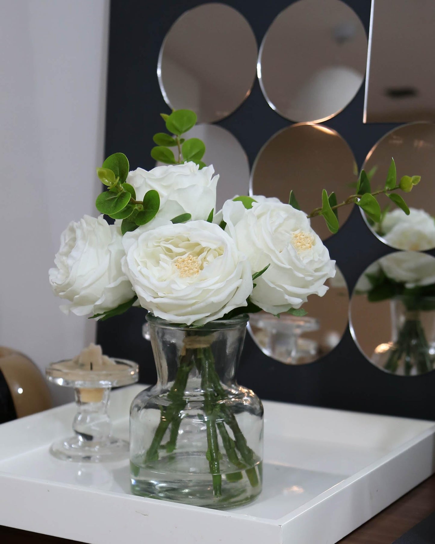 CHASMILE Artificial Flowers with White Roses in Vase, Fix Lifelike Fake Flowers in Vase with Artificial Water, Faux Flower Arrangements for Dining Table Centerpiece Decor