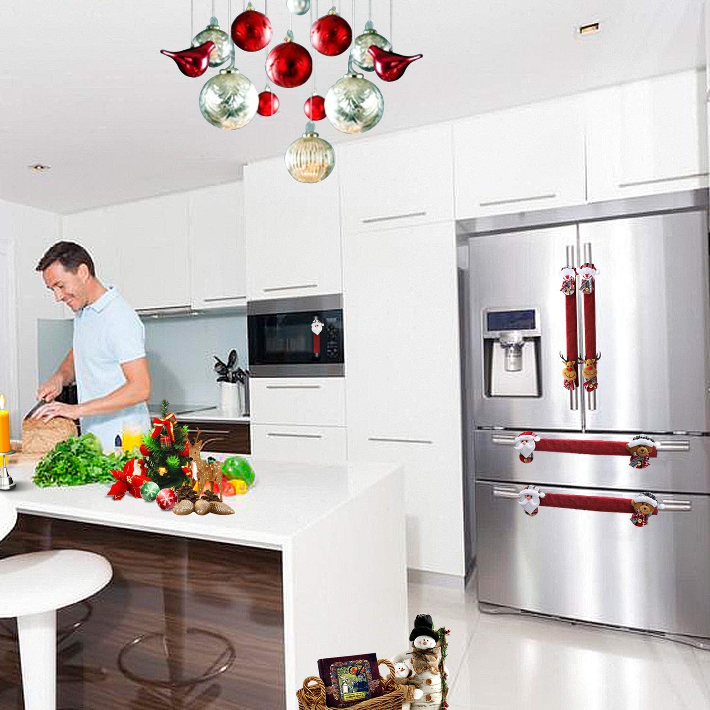 Mosoan Christmas Decorations Indoor 6 Pack Christmas Refrigerator Fridge Door Handle Covers, Santa Snowman Christmas Kitchen Decor Appliance Handle Cover Xmas Holiday Decor