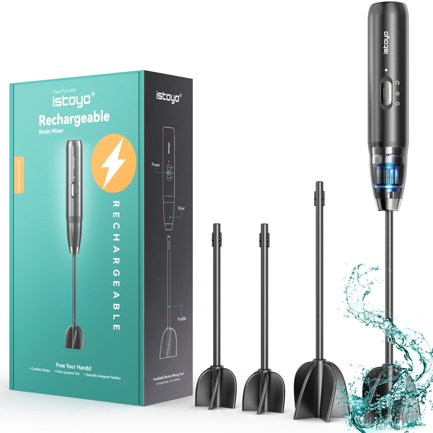 ISTOYO Rechargeable Resin Mixer, Epoxy Mixer for Saving Your Wrist, Epoxy Resin Mixer for Resin Molds, Resin Supplies, Silicone Molds Mixing, DIY Crafts (Included 4 pcs Paddles)