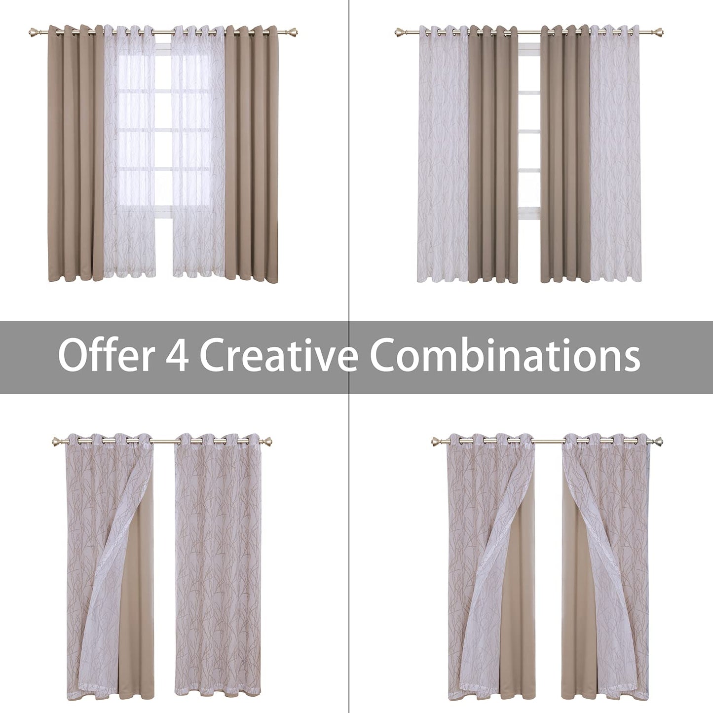 BONZER Mix and Match Curtains - 2 Pieces Branch Print Sheer Curtains and 2 Pieces Blackout Curtains for Bedroom Living Room Grommet Window Drapes, 54x84 Inch/Panel, Taupe, Set of 4 Panels
