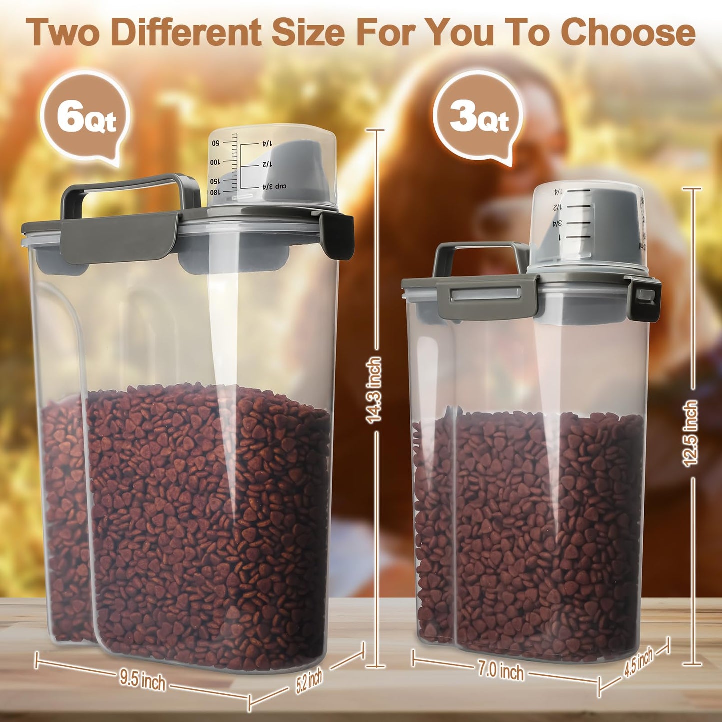 TIOVERY Dog Food Storage Container, 5-7 Lbs Airtight Pet Food Container, Cat Food Container Dispenser Plastic Bin with Pouring Spout, Portable Handle and a Collapsible bowl for Dogs Cats Grey/6Qt