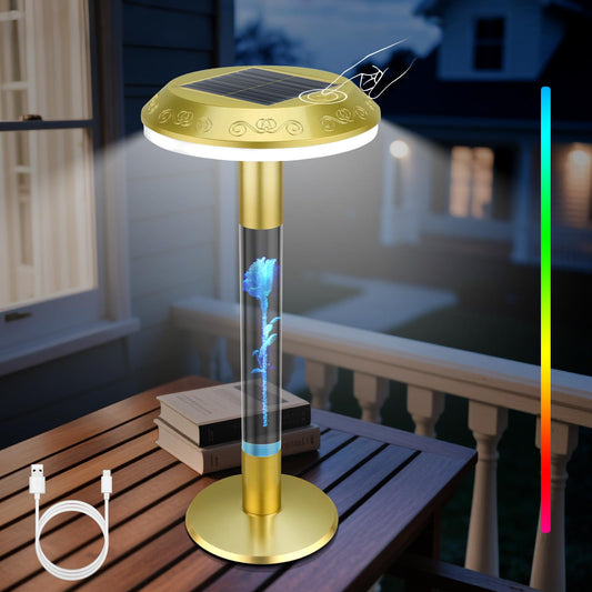 Portable Table Lamp with 7-Color Changing Rose, 3 Way Colors Touch Control Stepless Dimmable, Cordless USB Rechargeable Solar nightstand lamp for Outdoor Home Living Room Bedroom balcony Desk bar