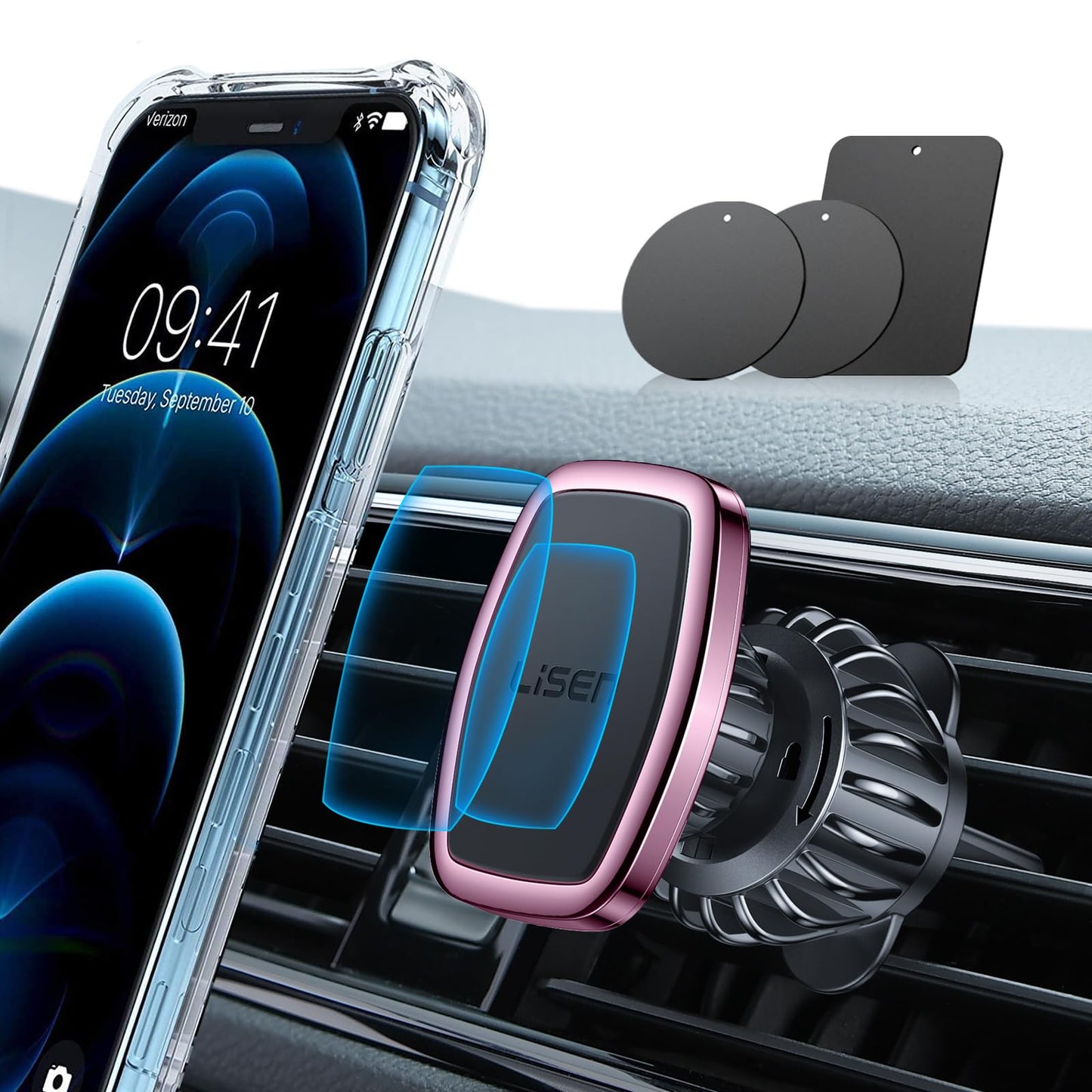 LISEN Magnetic Phone Holder for Car, [Easily Install] Car Phone Holder Mount [6 Strong Magnets] Cell Phone Holder for Car [Case Friendly] iPhone Car Holder Pink 🧲20X Powerful: Pink LV633