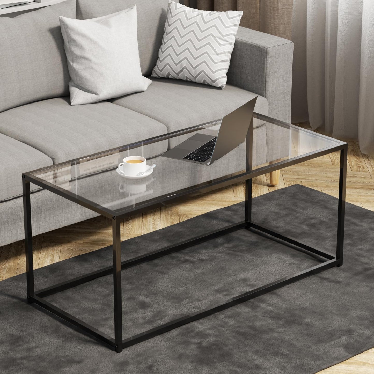 Glass Coffee Table Modern Center Table,Minimalist Coffee Table for Living Room,Tempered Glass-top with Sturdy Metal Frame, Easy Assembly,Black