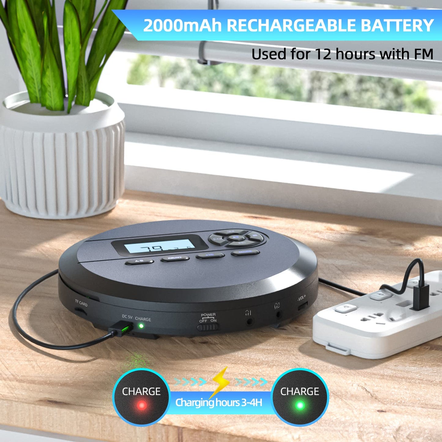 DESOBRY CD Player Portable with Speakers & FM Transmitter, Rechargeable Compact CD Player for Car Built-in 2000mAh, Portable Player with LCD Screen, Earphones, AUX Cord