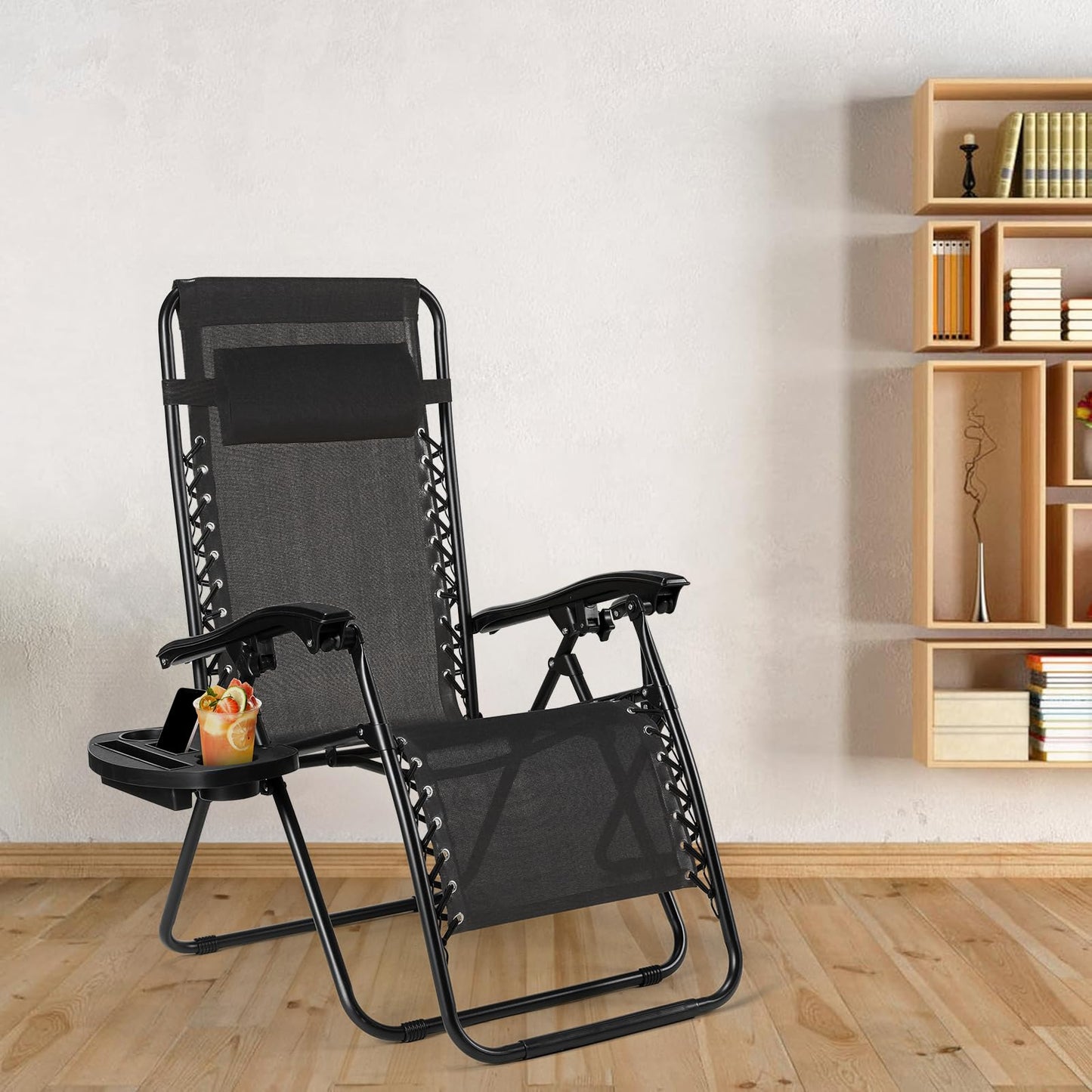 TLSUNNY Zero Gravity Chair Set of 2, Outdoor Folding Lounge W/Detachable Headrest & Holder Tray, Adjustable Textilene Lawn Reclining, No Assembly Required, for Patio, Garden, 330LBS (1, Black)