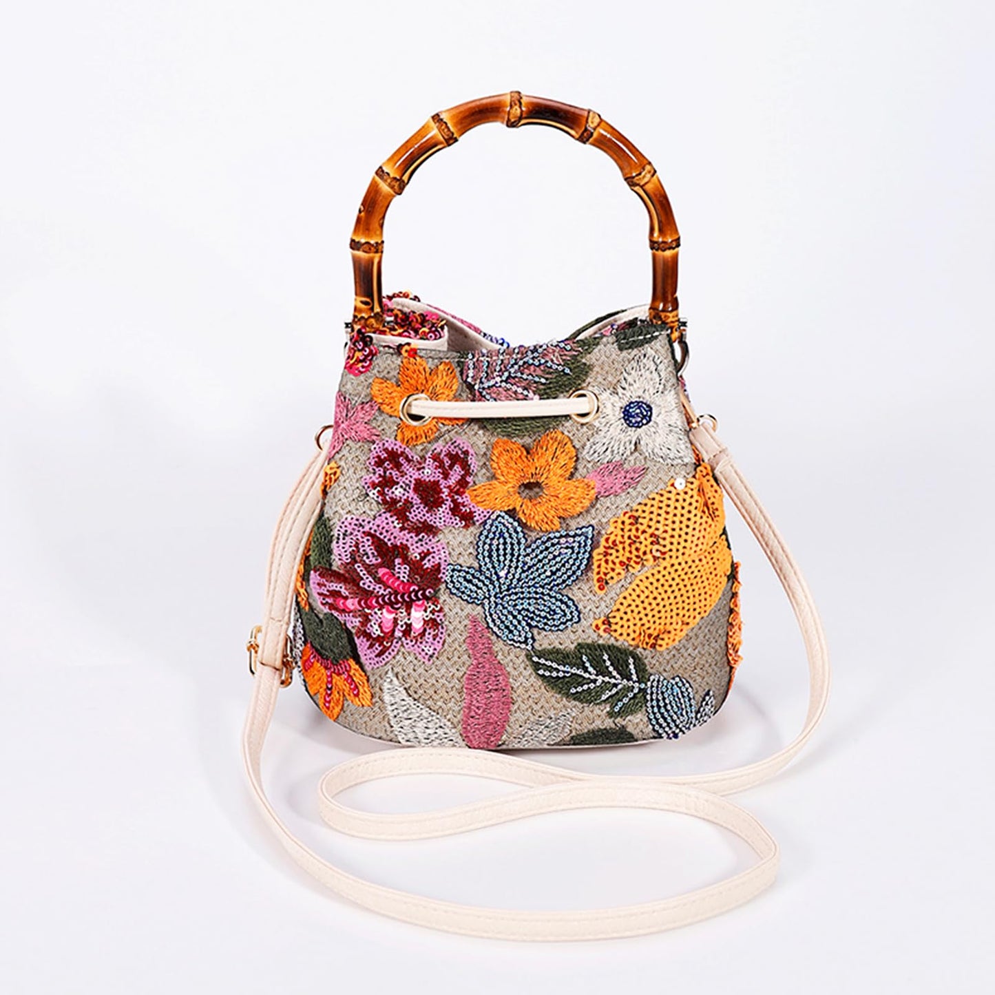 Crossbody Bags for Women, Beach Bag, Hand Embroidered Tot Bag, Bamboo carry handle Bucket bag, Bohemian Handbags Suitable for Vacation Travel Daily Matching