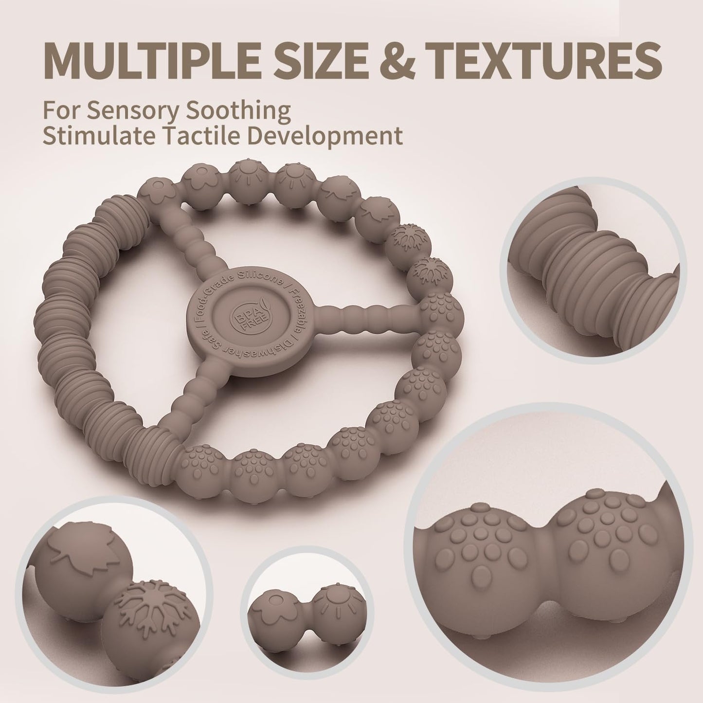 3 Pack Baby Teething Toys 3-6 Months, Silicone Ring Teethers for Babies 6-12 Months, Freezer Safe Chew Toy with Textured Grip for Boys Girls Teething Relief, Infant Easter Gift (Clay DustyRose Brown)