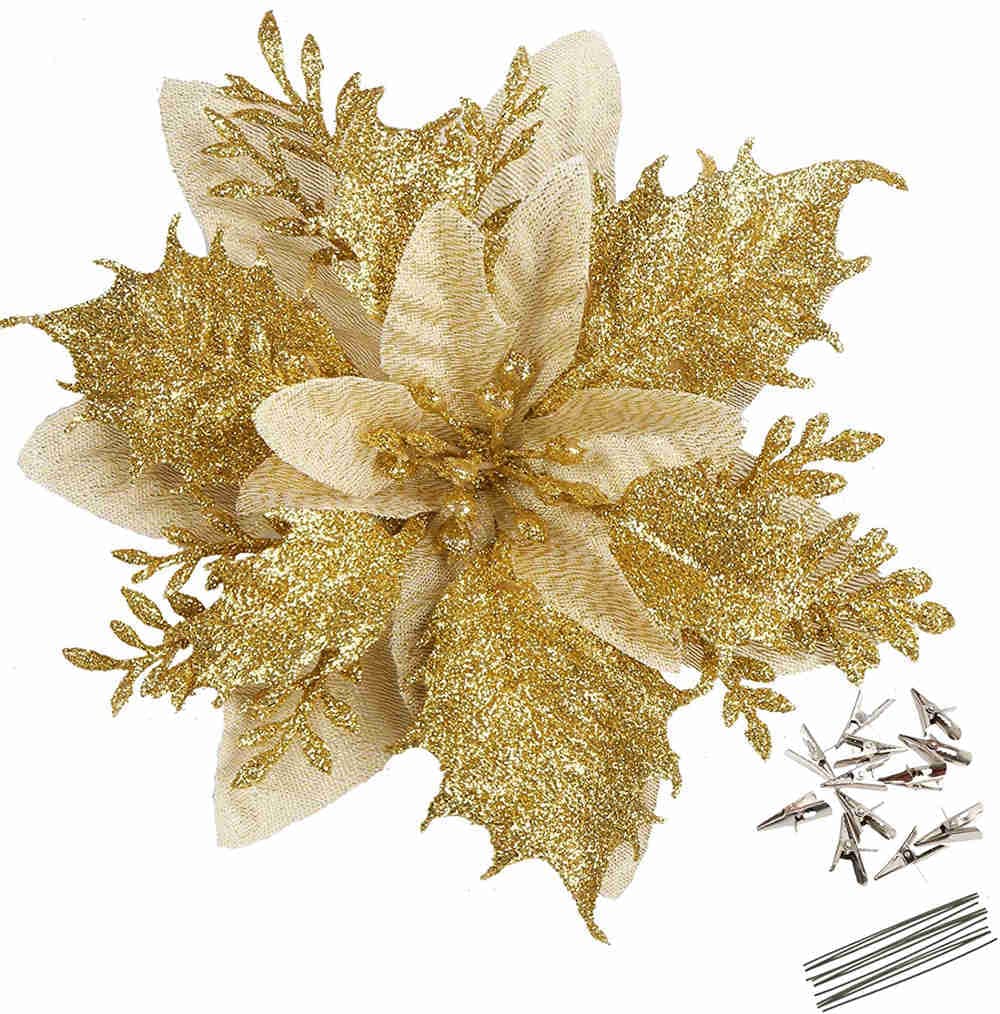 GREENTIME 12 Pcs Glitter Poinsettia 5.5" Artificial Flowers Christmas with Clips Stems Xmas Tree Ornaments for Wedding Party Wreath Decoration (Golden
